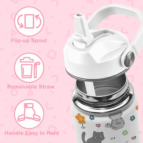Cat Gifts for Kids, 16oz Cat Water Bottle with Straw Lid, Stainless Steel Insulated Tumbler for Girls, Cats Lovers Present for Kids Teen Girls Boys Women - color: Cat