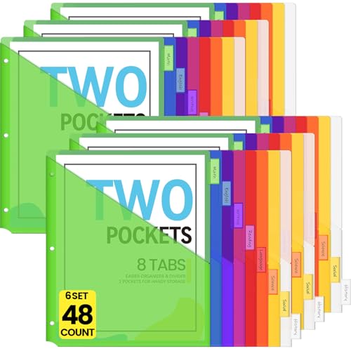 Sooez 48 Count Dividers with Pockets, Binder Dividers with tabs | Binder Dividers for 3 Ring Binders, Binder Divider with Pockets for US Letter Size, Insertable Big Tabs, Multicolor,Set of 6 - color: Green, size: 6 Sets