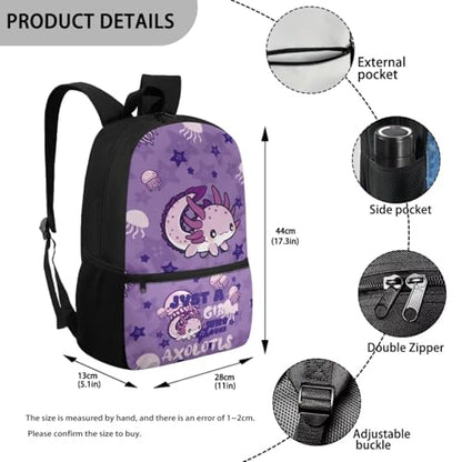 CLOHOMIN Purple Axolotl Backpack and Lunch Box Set Cute Book Bag with Lunch Bag Water Bottle Carrier 3 in 1 High School Bookbag Grade 9-12 Student School Bag for Kids Girls 7st Grade Lunch Tote Bag - color: Cute Purple Axolotl