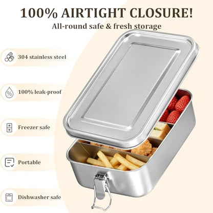 Qtencas Stainless Steel Lunch Box, 47oz / 1.4L Stainless Steel Bento Box | Metal Lunch Bento Box with Removable Dividers, Leakproof Condiment Containers, Dishwashing Sponge and Foldable Sporks - size: 47oz