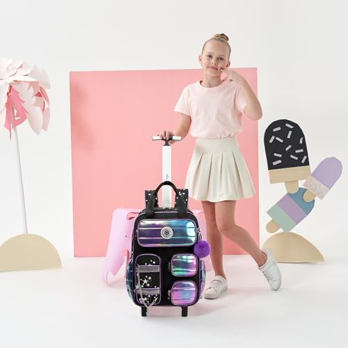 Rolling Backpack with Wheels for Girls Rolling Backpack with Lunch Bag and Pencil Case Set Kids Travel Luggage for Elementary School Girls Ages 5-12 - color: A Black
