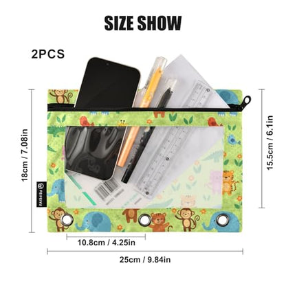 Emelivor Cartoon Animals Green Pencil Pouch for 3 Ring Binder 2 Pack Binder Pencil Case with Clear Window Pencils Bags with Zipper for Office Daily College Home Supplies - color: 31-Cartoon Animals