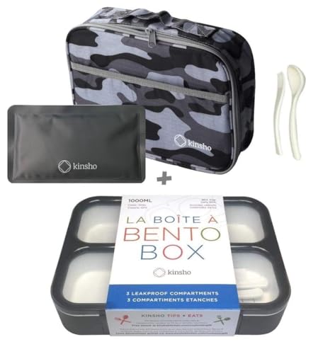 kinsho Camo Lunch Boxes for Boys Teens Adults - Bento Box Set with Insulated Bag and Ice Pack, 3 Compartment Leak Proof Food Container, BPA-Free, Microwave Safe, Ideal for School & Work, Black Gray - color: Black with Camo Bag