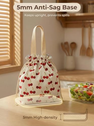 Solid Color & Fruit Print Lunch Bag, Insulated Leakproof Drawstring Pouch with 5mm Anti-Sag Base for Adult Work Commute Picnic (Cherry Fruit Print) - color: Cherry Fruit Print