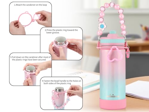 Mininoo Kids Water Bottle for School - 16 oz Stainless Steel Insulated Water Bottle with Ceramic-Lined, Leakproof Straw Lid & Beaded Handle for Girls & Boys - color: Sparkle Guava