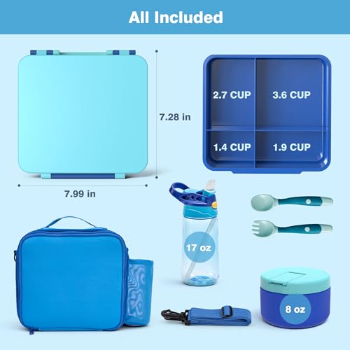 HOMEKOL Bento Lunch Box Set for Kids, Blue | with Stainless Steel Insulated Food Jar, Plastic Water Bottle, Bag and Silicone Spoon and Fork for Boys Girls - color: Blue