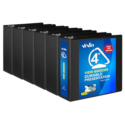 ViVin Durable 4 inch D Ring View Binder, Large 4" Slant-D Ring with 835-Sheet Capacity, Fit 8.5" x 11" Paper, 6 Pack(Black) - color: Black, size: 4 Inch, style: 6 Pack