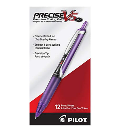 PILOT, Precise V5 RT Refillable & Retractable Rolling Ball Pens, Extra Fine Point 0.5 mm, Purple, 12 Count (Pack of 12) - color: Purple, size: 12 Count (Pack of 12)