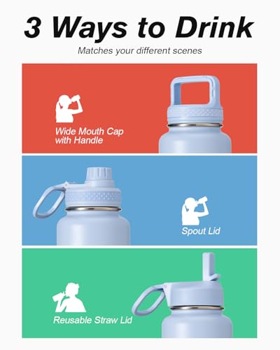 Coolflask 32 oz Water Bottle Insulated with Straw & 3 Leakproof Lids | Water Flask Stainless Steel Triple-Wall Vacuum,Cold 52+h, Dishwasher Safe,Wide Mouth,BPA-Free,Carrier Bag,for Gym,Hiking - color: Light Blue, size: 32 Ounces