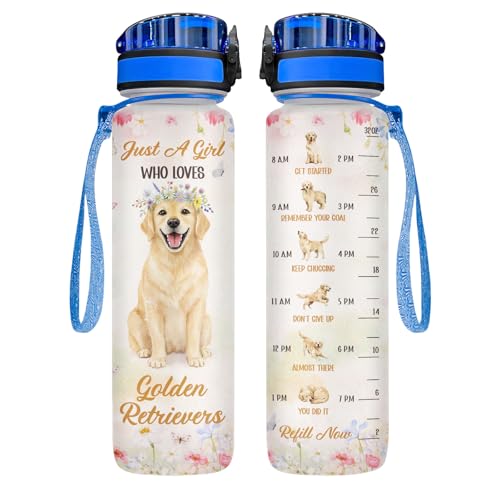 34HD Golden Retriever Water Bottle with Time Marker 32 oz, Dog Lover Gifts for Women, Just A Girl Who Loves Golden Retrievers, Leak-Proof Water Tracker Bottle, Floral Dog Mom Birthday Gift - color: yellow golden flower