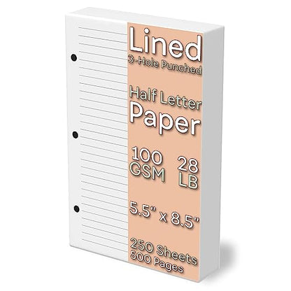 Half Letter Lined Paper, 3-Hole Punched, 250 Sheets/500 Pages, 100 GSM, Line Paper Binder Refill, 5.5 in. x 8.5 in., fits in Half Letter 3-Ring Binders, Mini Binder Refill Inserts - size: 250 Sheets/500 Pages