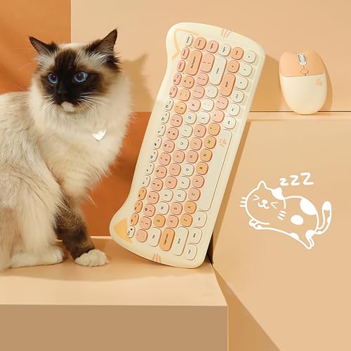 Cute Cat 2.4G USB Wireless Keyboard and Mouse Combo, Silent Keys, Candy Colors, Compatible with Notebook, PC (MilkTea-84Keys) - color: MilkTea-84Keys