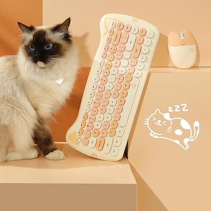 Cute Cat 2.4G USB Wireless Keyboard and Mouse Combo, Silent Keys, Candy Colors, Compatible with Notebook, PC (MilkTea-84Keys) - color: MilkTea-84Keys