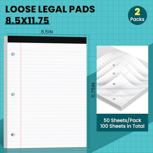 Legal Pads 8.5x11, 50 Sheets/Pack, 2-Pack,3-Hole Punch & Perforated Writing Pads, Wide Ruled White Lined Paper, Notebook 8.5x11.75, Notepads 8.5x11 for Business, School and Office Supplies - style: 2 Pack-3Hole