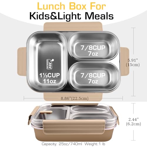 Stainless Steel Lunch Box, 3 Compartments Metal Bento Box for Kids, 25oz Lunch Container with Leakproof Lid, Divided Meal Prep Box for Adults, Kids - Ideal for Office, School, Healthy Eating - color: Mocha Khaki