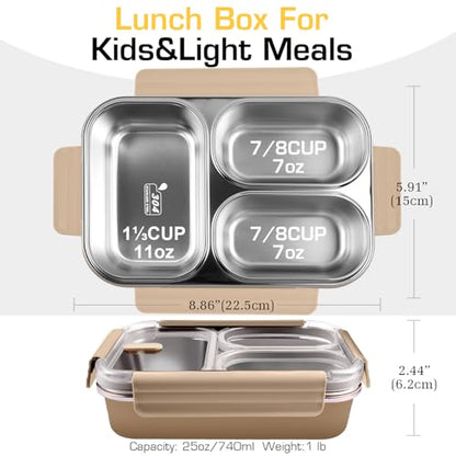 Stainless Steel Lunch Box, 3 Compartments Metal Bento Box for Kids, 25oz Lunch Container with Leakproof Lid, Divided Meal Prep Box for Adults, Kids - Ideal for Office, School, Healthy Eating - color: Mocha Khaki