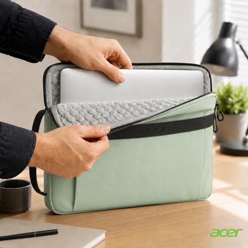 Acer Laptop Sleeve Case for 13.3-14 inch Laptops, Slim Protective Computer Sleeve with Hidden Zipper Pocket, Soft Plush Bubble Padding, Side Handle and Luggage Strap, Travel Laptop Bag, Green | Slim, Soft Bubble Padding, Extra Front Storage, Wrist Strap,