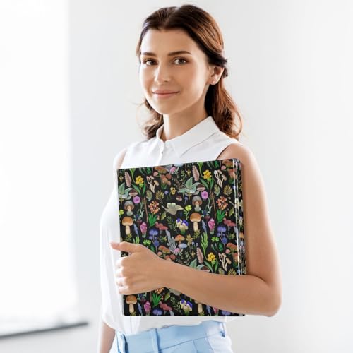 3 Ring Binder with Clipboard, D Rings Holds 200 Sheets, Heavy Duty Binders Folder for School Office, Waterproof PVC Cover with 3 Interior Clear Pockets, Mushrooms Black