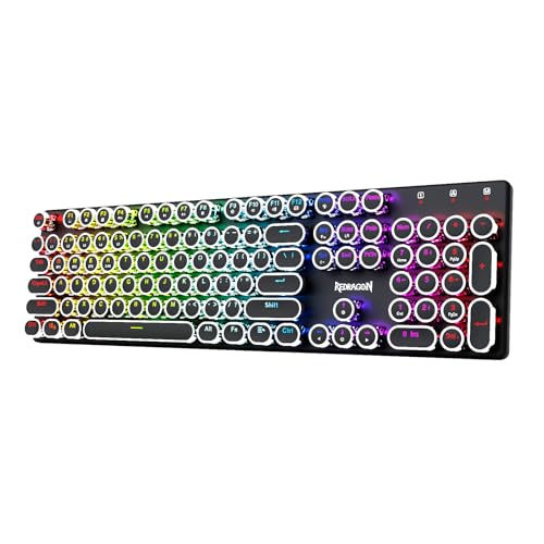 Redragon Wireless Typewriter Style Mechanical Gaming Keyboard, Bluetooth/2.4Ghz/Wired, RGB Backlit, Rechargeable, Blue Switch - Clicky, Metal Panel, Round Keycaps, Black - color: Black
