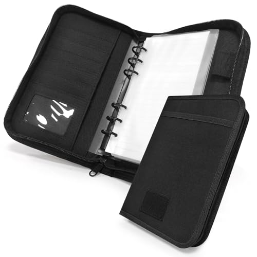 Tactical Notebook Cover, A6 Padfolio 6 Ring Binder with Big Back Pocket & Hand Strap, Zippered Hardcase Planner for Journal, College, Office, Field (Black, A6(5.5 x 8.5 inches)) - color: Black, size: A6