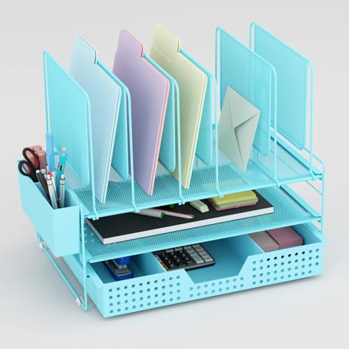 LEKETREE Teal Desk Organizer, Office Organization with Vertical File Holder, File Organizer with Drawer and Pen Holder, Desk Accessories and Workspace Organizers for Home Office (Sky Blue) - color: Sky Blue