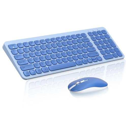 cimetech Wireless Keyboard Mouse Combo, Compact Full Size Wireless Keyboard and Mouse Set Less Noise Keys 2.4G Ultra-Thin Sleek Design for Windows, Computer, PC, Notebook, Laptop - Blue - color: Blue