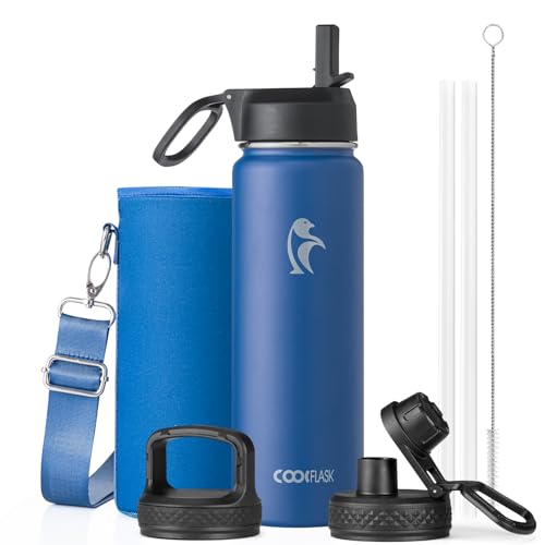 Coolflask Water Bottle 24 oz Insulated with Straw, Stainless Steel Metal 3 Lids Water Flask Wide Mouth for Sports or Office, Non-BPA Keep Cold Up to 48 Hrs or Hot Up to 24 Hrs, King's Blue - color: King's Blue, size: 24 Ounces