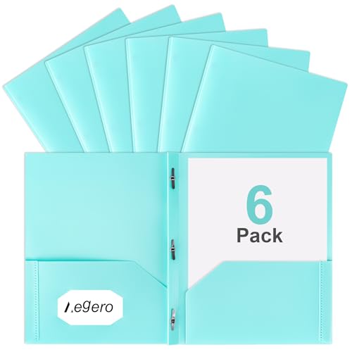 Aegero Folders with Pockets and Prong with Fasteners (6 Pack,Mint Green),Durable Plastic Pocket Folders with Prongs,Tear Resistant,2 Pocket 3 Prong Folders for Schoolwork & Office,Letter Size - color: Mint Green, size: 1 Set（6pack）