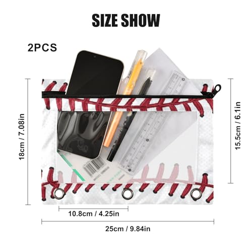 Kcldeci Pencil Pouch for 3 Ring Binder, Red Baseball Pattern 2 Pack Binder Pencil Pouch with Clear Window Pencil Bags with Zipper Pencil Case for Binder - color: A04