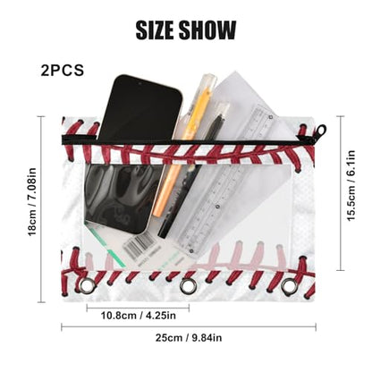 Kcldeci Pencil Pouch for 3 Ring Binder, Red Baseball Pattern 2 Pack Binder Pencil Pouch with Clear Window Pencil Bags with Zipper Pencil Case for Binder - color: A04