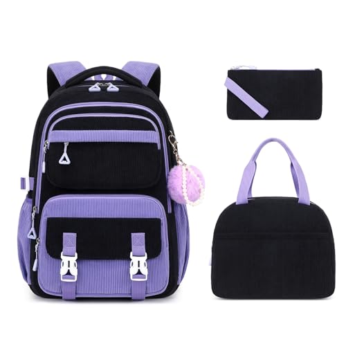 3Pcs Girls Backpack Set, Kids Backpack for Girls, School Bag for Primary Elementary Middle School Students, Bookbags for Teen Girl, Corduroy Laptop Backpack Travel Daypack, Black Purple - color: Black Purple-3pcs