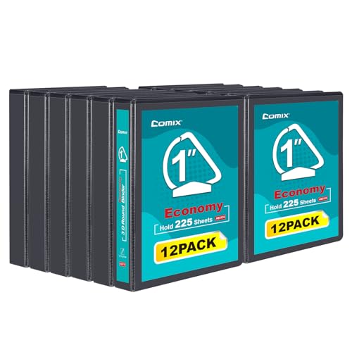 COMIX 3 Ring Binder,1 inch Slant-D Clear View Cover with Pockets, Holds 225 Sheets of US Letter Size Paper, Black Binder for School Office and Home, 12 Pack