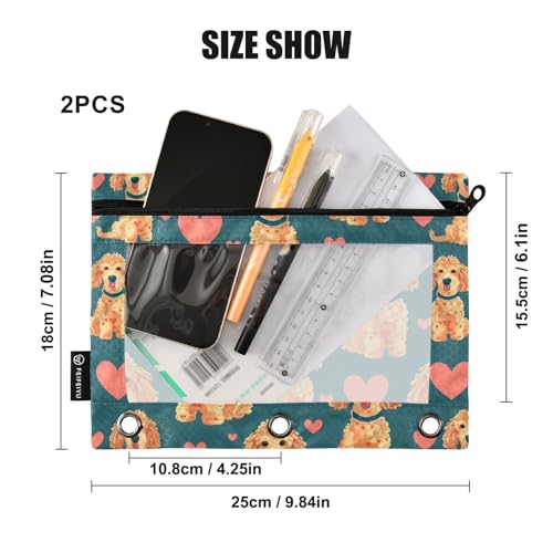 Fustylead Lovely Hand Draw Poodle Dog and Hearts Doodle Pencil Pouch Fits Standard 3-Ring Binders, Zipper Binder Pencil Bag with Clear Window for School Office Cosmetic 2 Pack - color: Blue03 Poodle Dog and Heart