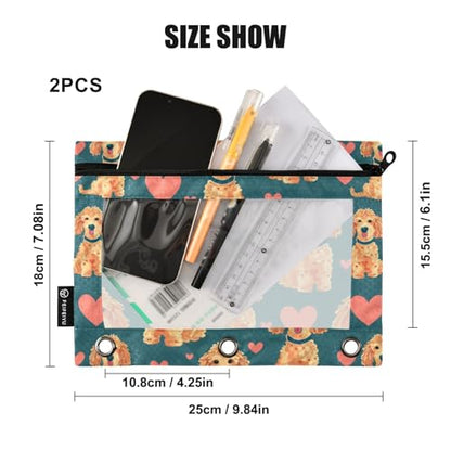 Fustylead Lovely Hand Draw Poodle Dog and Hearts Doodle Pencil Pouch Fits Standard 3-Ring Binders, Zipper Binder Pencil Bag with Clear Window for School Office Cosmetic 2 Pack - color: Blue03 Poodle Dog and Heart