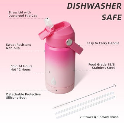 BJPKPK Insulated Water Bottle with Straw Lid, 12oz Thermo Water Bottles with Soft Nozzle, Flex Handle & Non-slip Boot, BPA Free Leak Proof Stainless Steel Metal Thermo, Tumblers, Cups,Cherry - color: Cherry, size: 12 Ounces