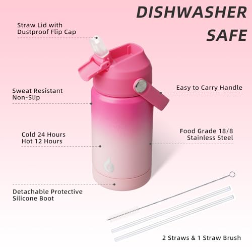 BJPKPK Insulated Water Bottle with Straw Lid, 12oz Thermo Water Bottles with Soft Nozzle, Flex Handle & Non-slip Boot, BPA Free Leak Proof Stainless Steel Metal Thermo, Tumblers, Cups,Cherry - color: Cherry, size: 12 Ounces