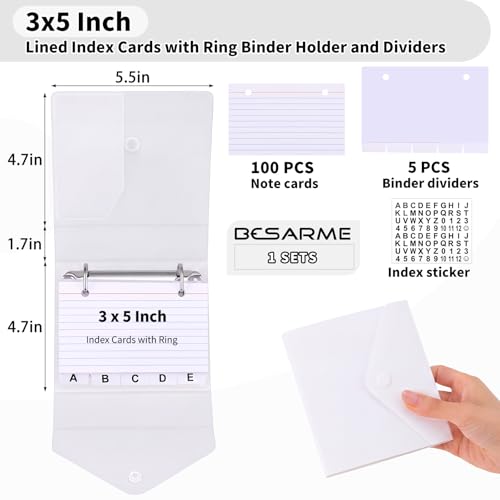 3x5 Index Card Holder Organizers Case Binder with Ring Dividers (Clear) | 100 Lined Page Plastic Index Card Organizer Case with Snap Closure for Study Recipe Flashcard Office School - color: White