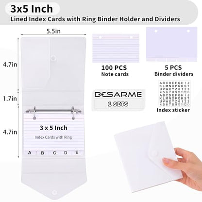 3x5 Index Card Holder Organizers Case Binder with Ring Dividers (Clear) | 100 Lined Page Plastic Index Card Organizer Case with Snap Closure for Study Recipe Flashcard Office School - color: White