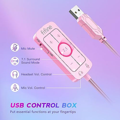 FIFINE USB Gaming Headset, PC Over-Ear Wired Streaming Headset with 3.5mm Jack, Detachable Microphone, 7.1 Surround Sound, Control Box, Passive Noise Cancellation, for PS5/Xbox/Switch-H9 Pink - color: Pink