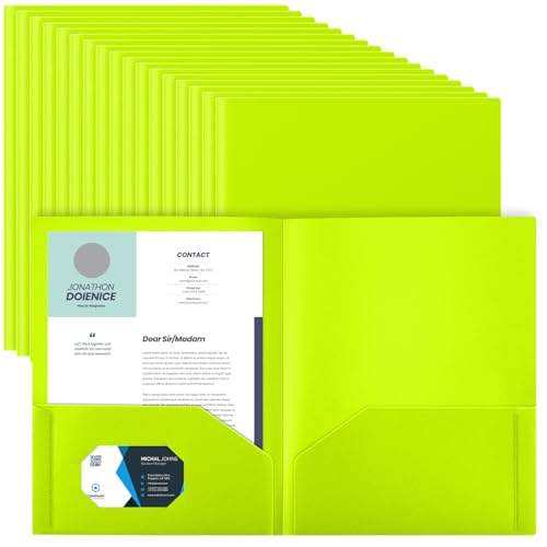 Gueevin 72 Pack Plastic Folder with Pockets, 2 Pocket Folders, Plastic Glossy Folders Fit Letter Size Paper, Heavy Duty Durable File Folder with Business Card for Home Office School (Lime Green) - color: Lime Green