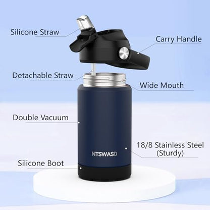 Kids Insulated Water Bottle with Straw,12 oz Kids Cups with Stainless Steel Leak Proof for School Daycare Boys Girls(Blue) - color: A16.Blue, style: 1Pack