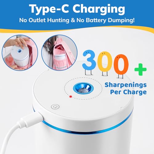 Fully Automatic Electric Pencil Sharpener, Rechargeable | Auto In and Out, Hands-Free for Standard 6-8mm Pencils, Perfect for Classroom and Home Use (White and Blue) - color: White & Blue