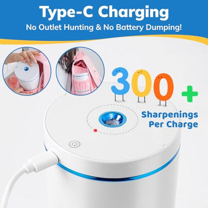 Fully Automatic Electric Pencil Sharpener, Rechargeable | Auto In and Out, Hands-Free for Standard 6-8mm Pencils, Perfect for Classroom and Home Use (White and Blue) - color: White & Blue