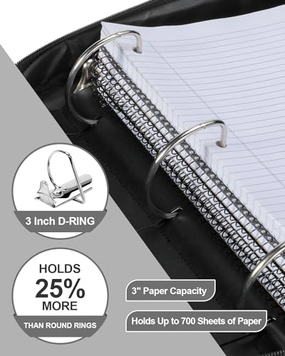 3-Inch 3-Ring Zipper Binder with Shoulder Strap and Multiple Pockets | D-Ring Zip Up Binder with 700 Sheets Capacity, Compatible with 13" MacBook/Tablet, for Middle School, Office (Black) - color: Black