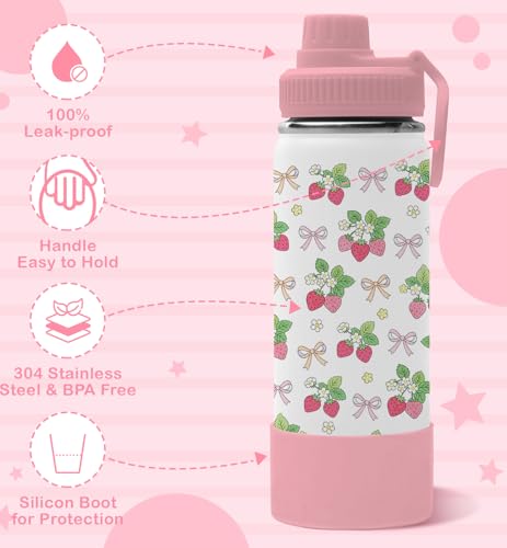 18oz Strawberry Water Bottle with 2Lids (Spout and Straw Lid), Insulated Stainless Steel Travel Bow Tumbler Cup, Strawberries Gifts for Women Teens Kids Girls - color: Strawberry