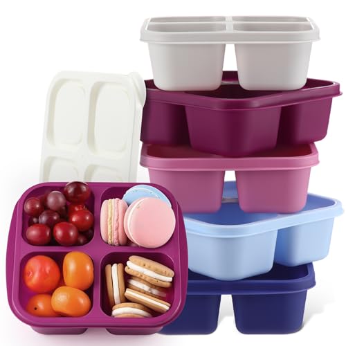 Honeydak 5 Pack Snack Containers 4 Compartment Bento Snack Boxes Reusable Lunchable Containers with Lids Divided Meal Prep Lunch Food Storage Box for School Work Travel(Elderberry,Equal) - color: Elderberry, style: Equal