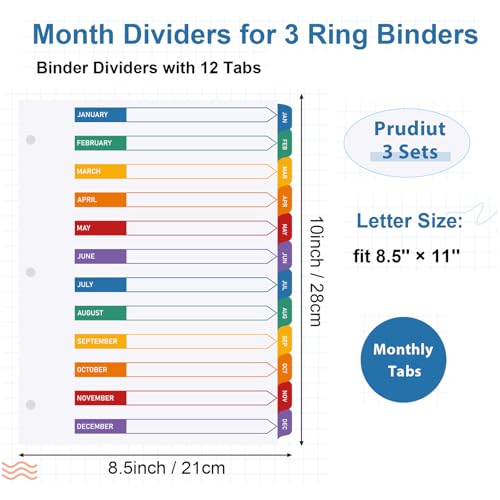 3 Sets 12 Tab Monthly Dividers for 3 Ring Binder Notebook, 8.5 x 11 Inch | White Paper and Multicolor Preprinted Month Tabs for Organizing Documents at Office, School, Home
