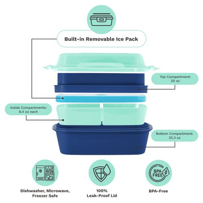 Ultimate Bento Box - Lunch Box for Kids & Adults with Removable Ice Pack - Leakproof, Multi-Compartment Food Container with Removable Containers - Microwave & Dishwasher Safe (Green, Blue, Green) - color: Green, Blue, Green