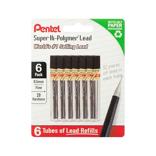 Pentel Super Hi-Polymer Lead Refills, 0.5 mm, 2B, 72 Pieces (12 pcs per tube, 6 tubes) - style: 2B