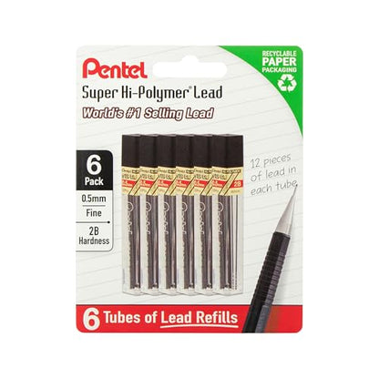 Pentel Super Hi-Polymer Lead Refills, 0.5 mm, 2B, 72 Pieces (12 pcs per tube, 6 tubes) - style: 2B